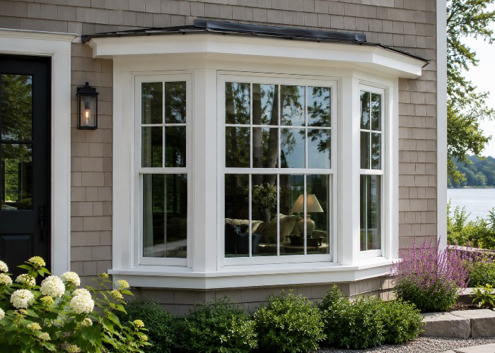 Bay window with angled panels on home exterior overlooking landscaped yard