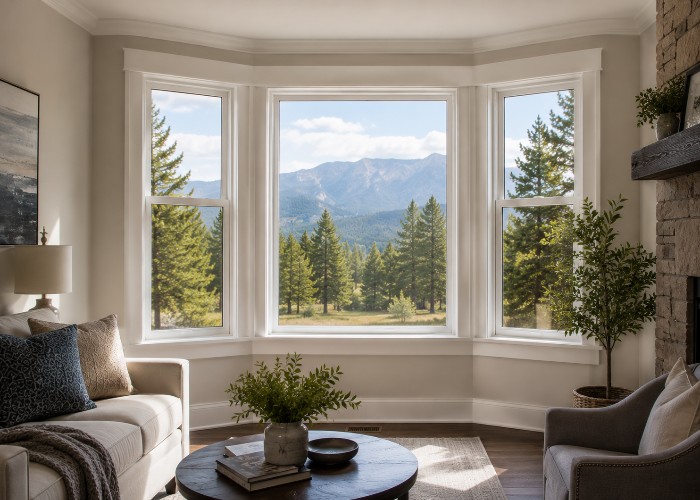 Bay window with center picture window and side panels framing outdoor view