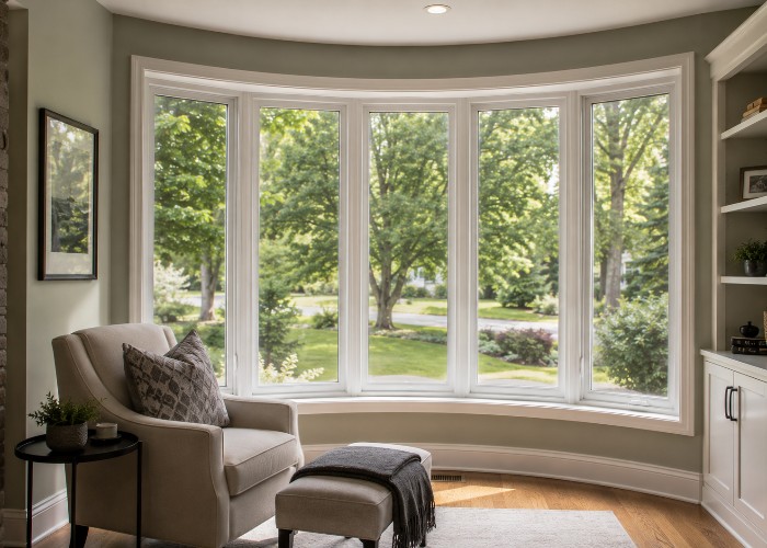 Interior bow window creating curved seating area with natural light