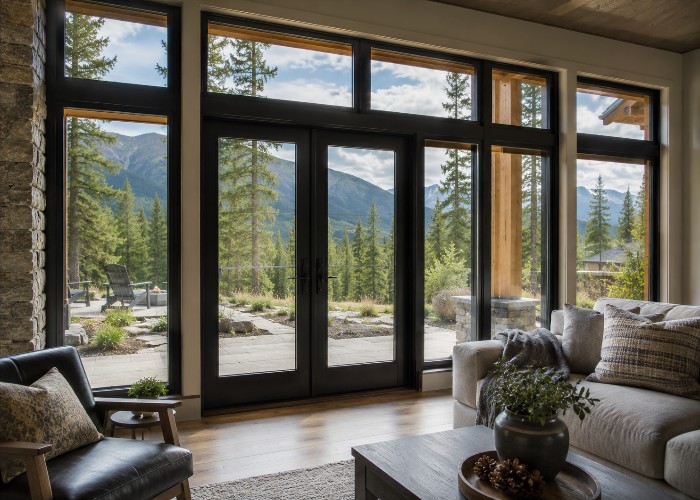 Contemporary exterior doors with strong frames and outdoor lighting for added security