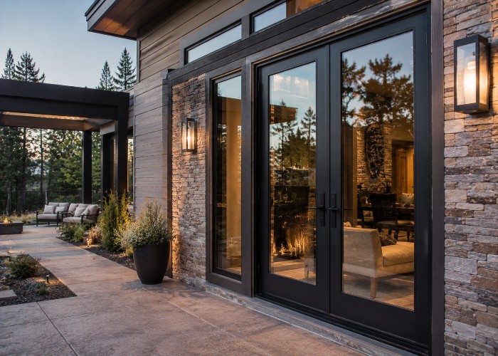 Modern patio doors with large windows and secure framing overlooking outdoor space