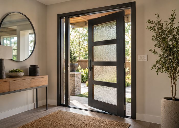 Front entry door with textured glass panel showing laminated glass strength and security