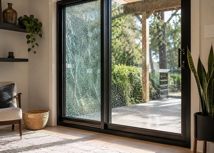 Sliding glass door shattered into small pieces showing tempered glass breakage pattern