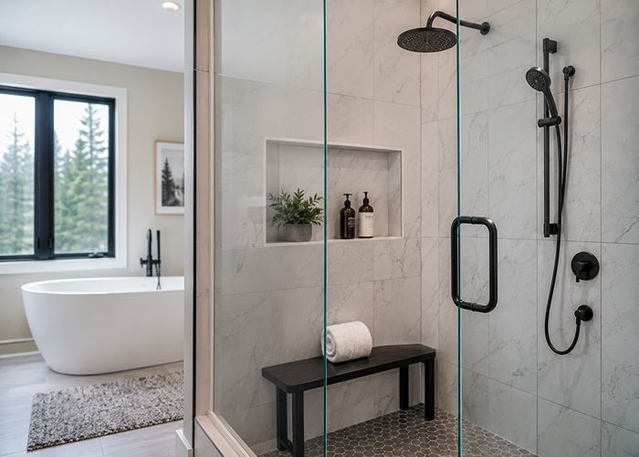 Modern shower enclosure with clear safety glass panels showing tempered glass use indoors