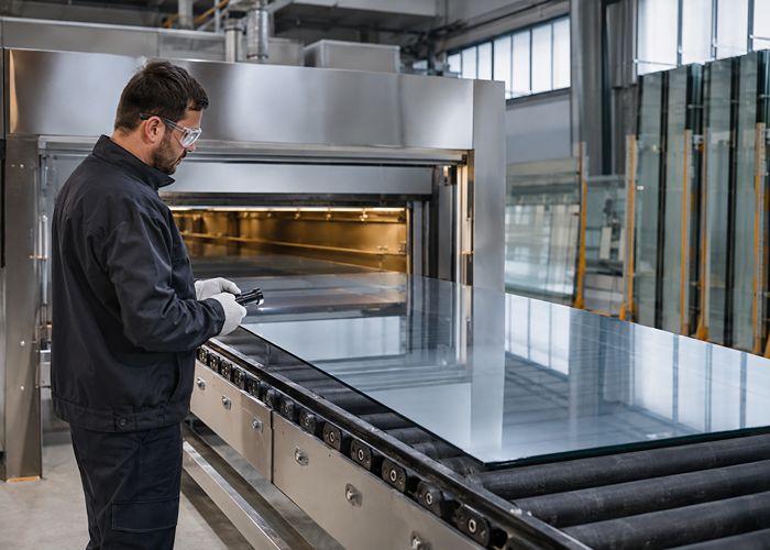 Technician inspecting a large glass panel during Low-E window glass manufacturing